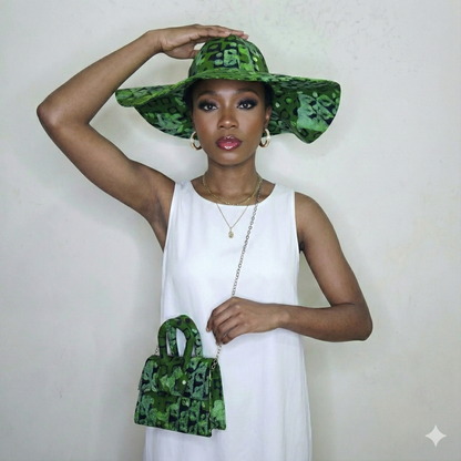 Woman wearing a green camouflage hat and holding a matching handbag against a white background