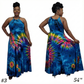 Tie-dye dress shown from front and back on a model with visible measurements.
