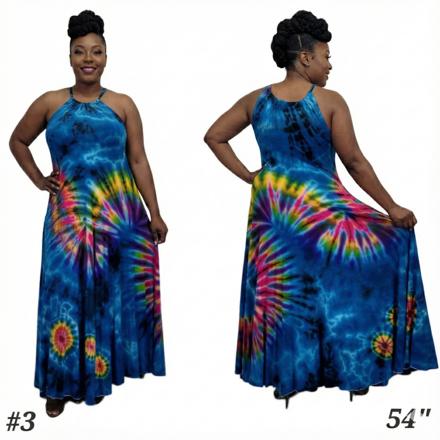 Tie-dye dress shown from front and back on a model with visible measurements.