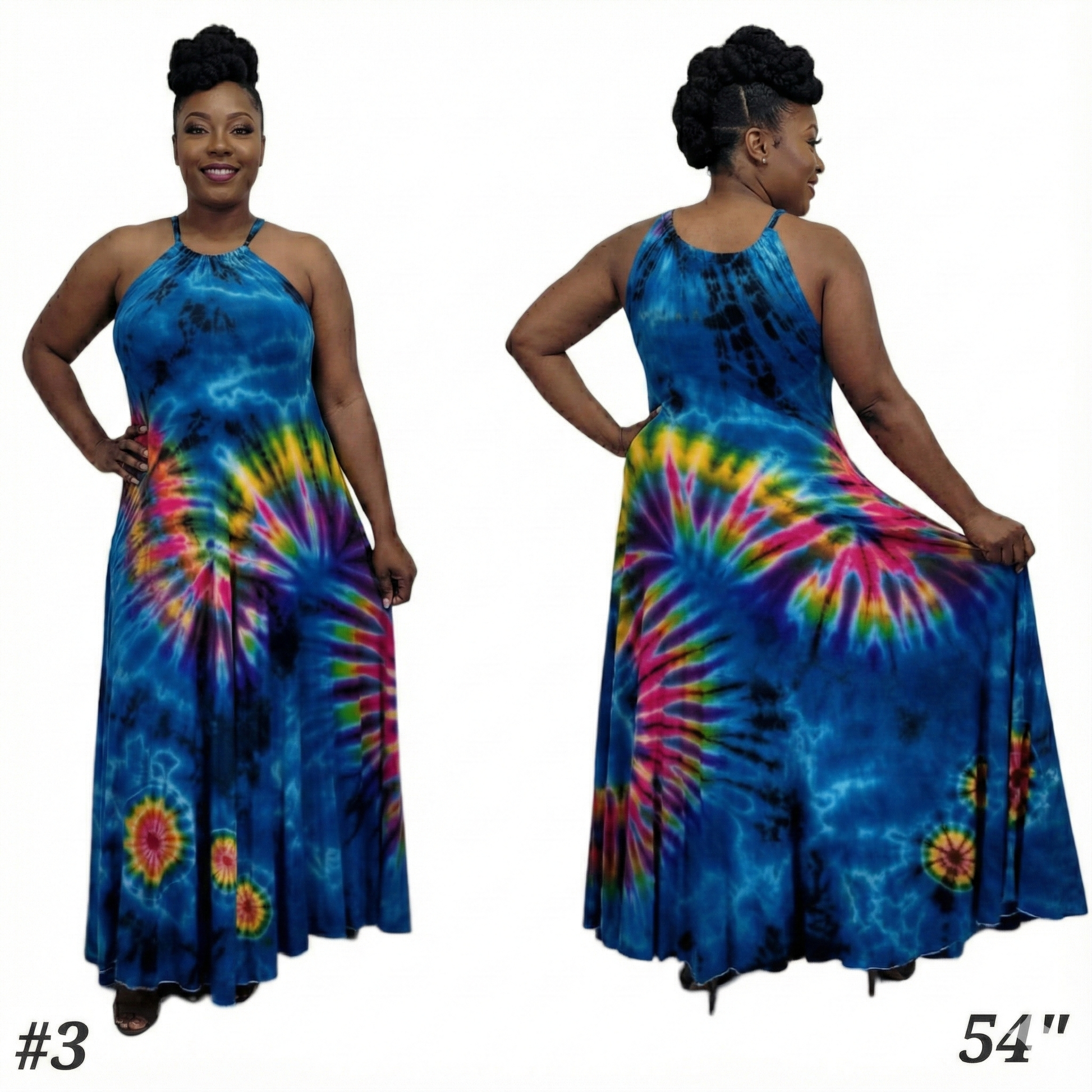 Tie-dye dress shown from front and back on a model with visible measurements.