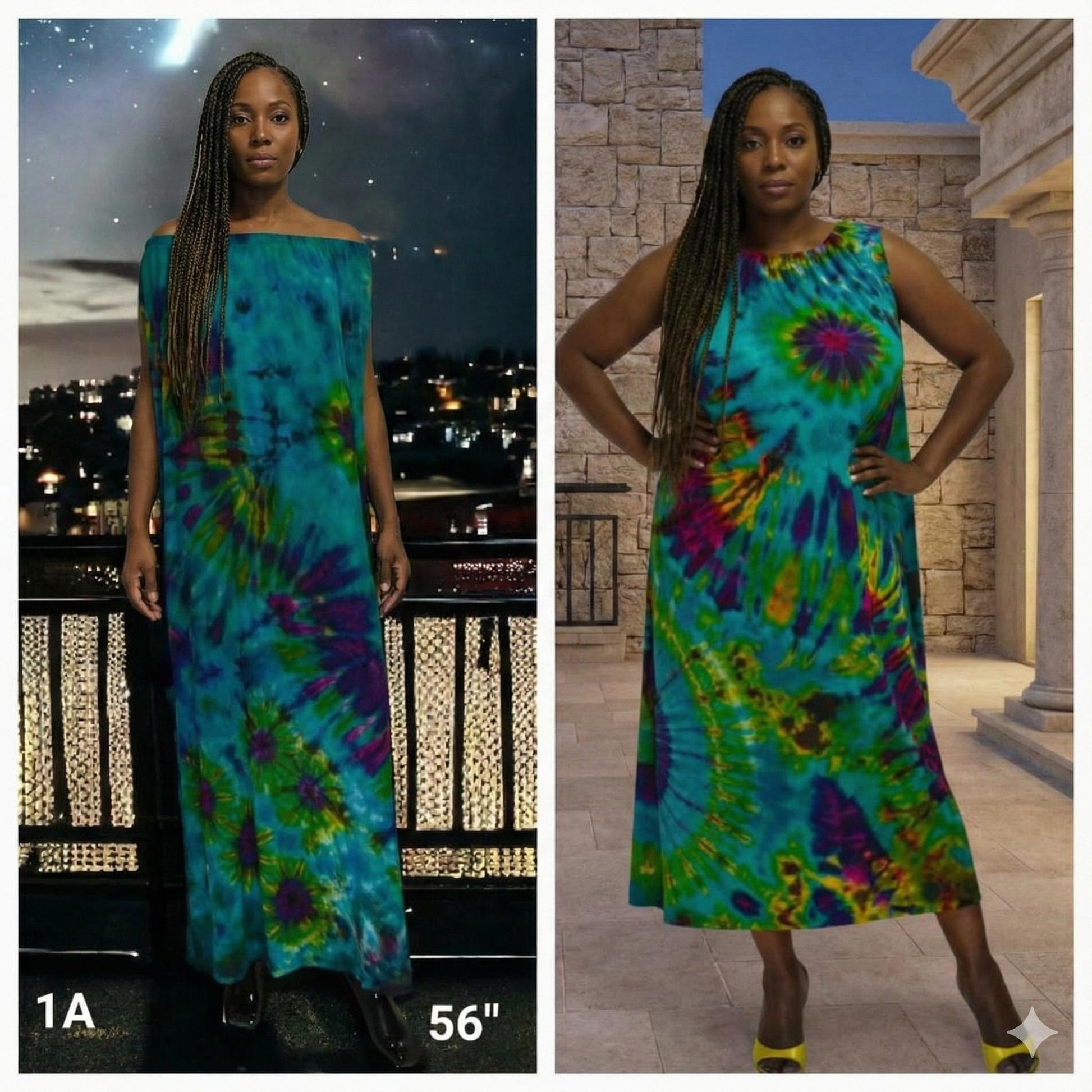 Woman wearing a tie-dye dress in two different settings.
