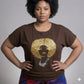 Brown Foxy Gold Afro Women's T-Shirt with rhinestone and reflective film disco diva design.
