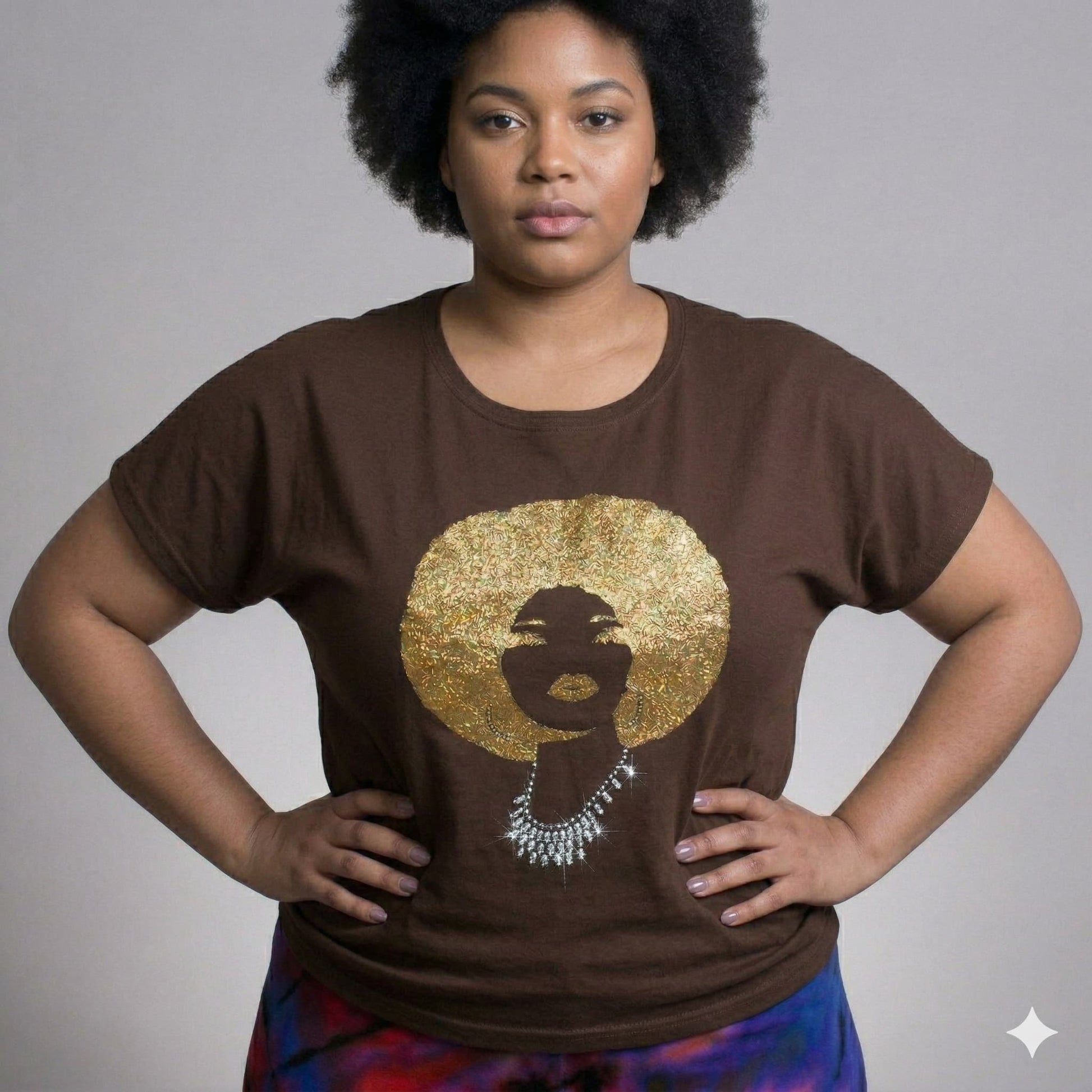 Brown Foxy Gold Afro Women's T-Shirt with rhinestone and reflective film disco diva design.