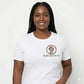 Woman in white BLM Black Lives Matter rhinestone t-shirt with a raised fist design.