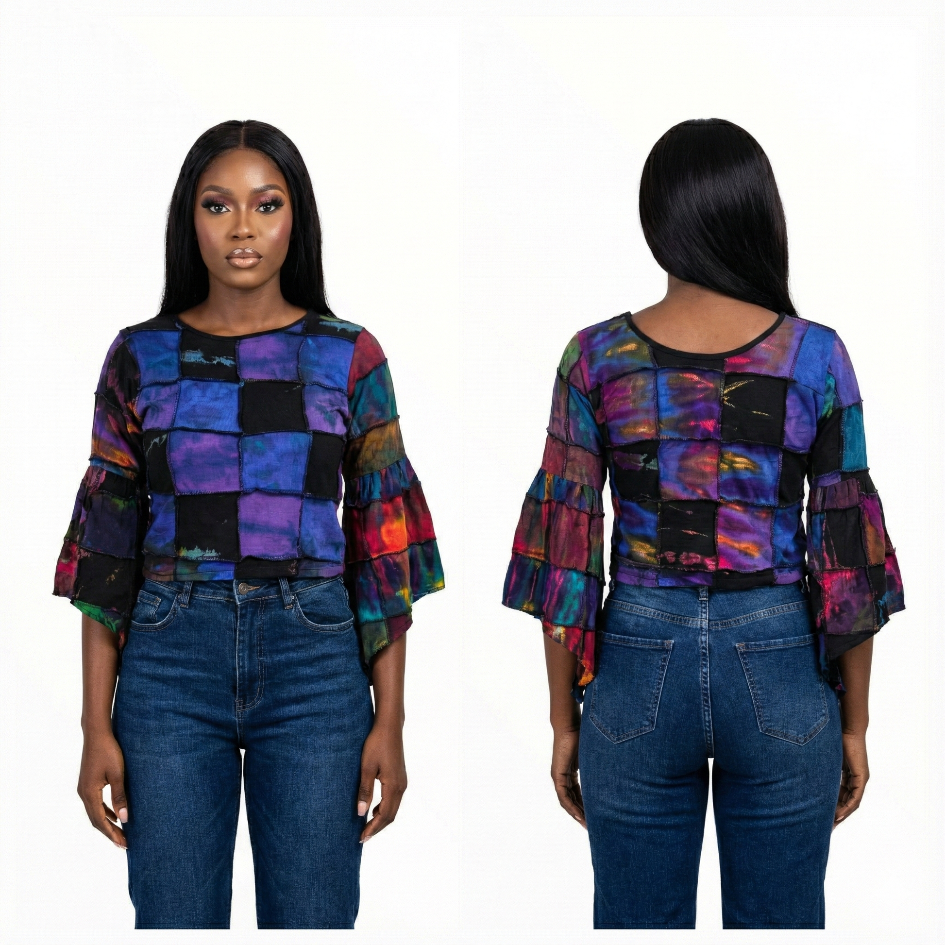 Multicolored tie dye top worn by a model on a white background