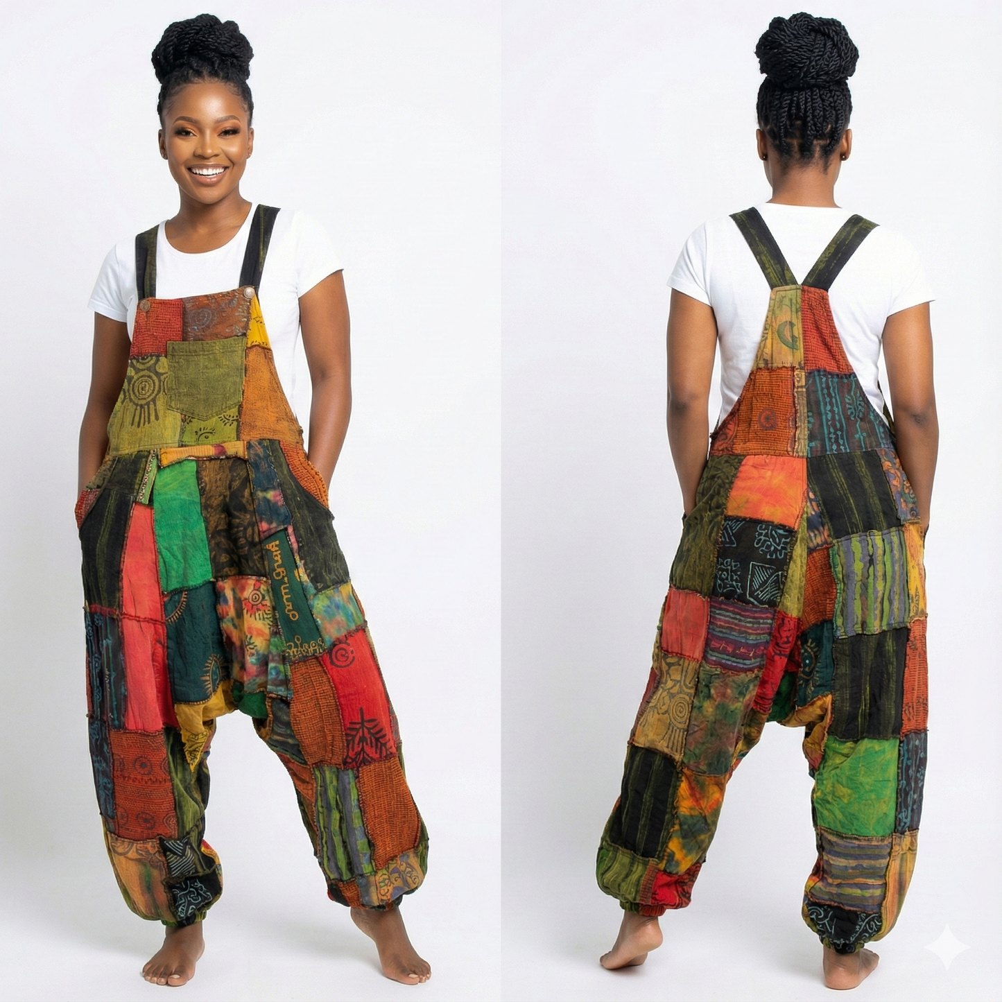 Woman wearing a colorful patchwork overalls from front and back views on a white background