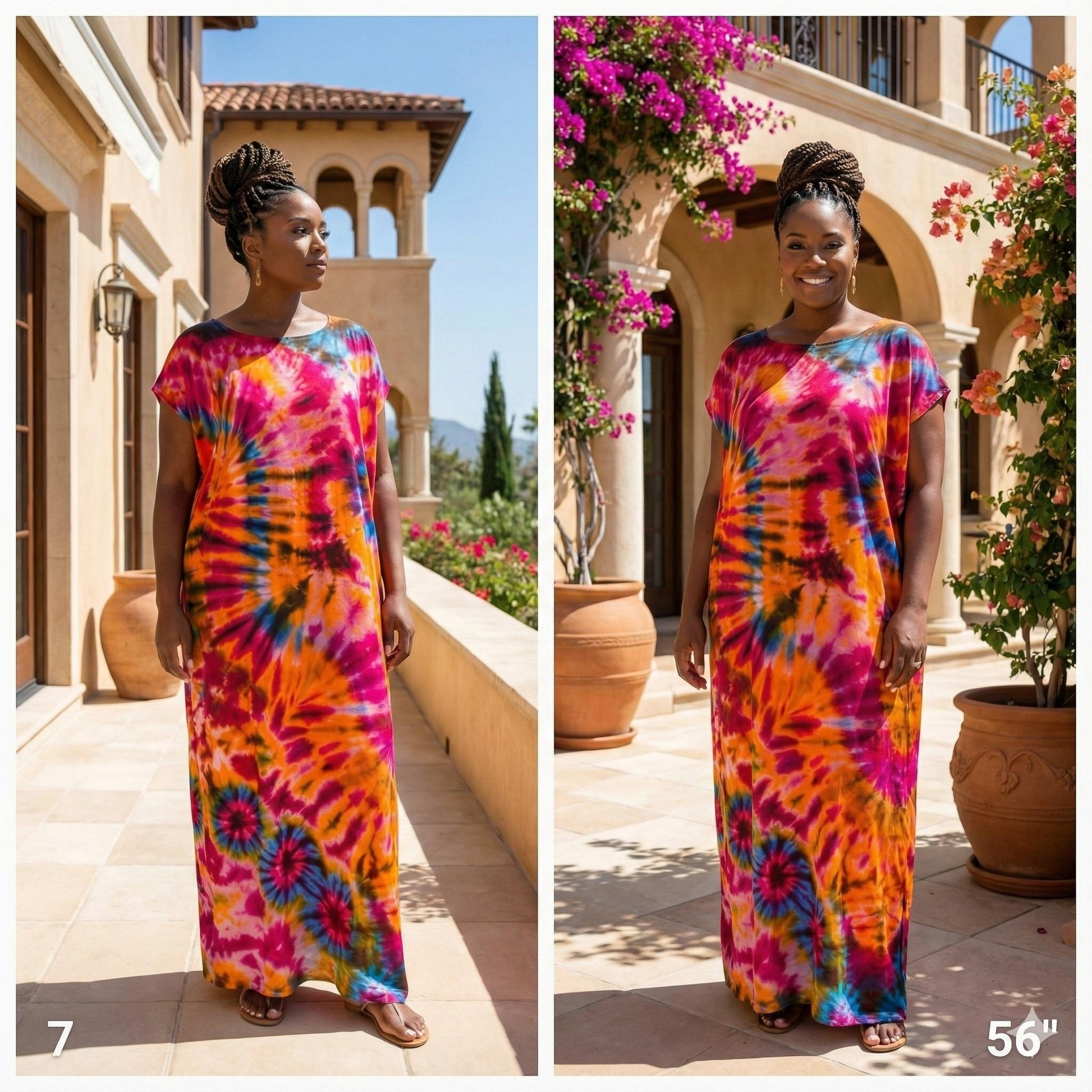 Woman wearing a colorful tie-dye dress in front of a building with flowers.