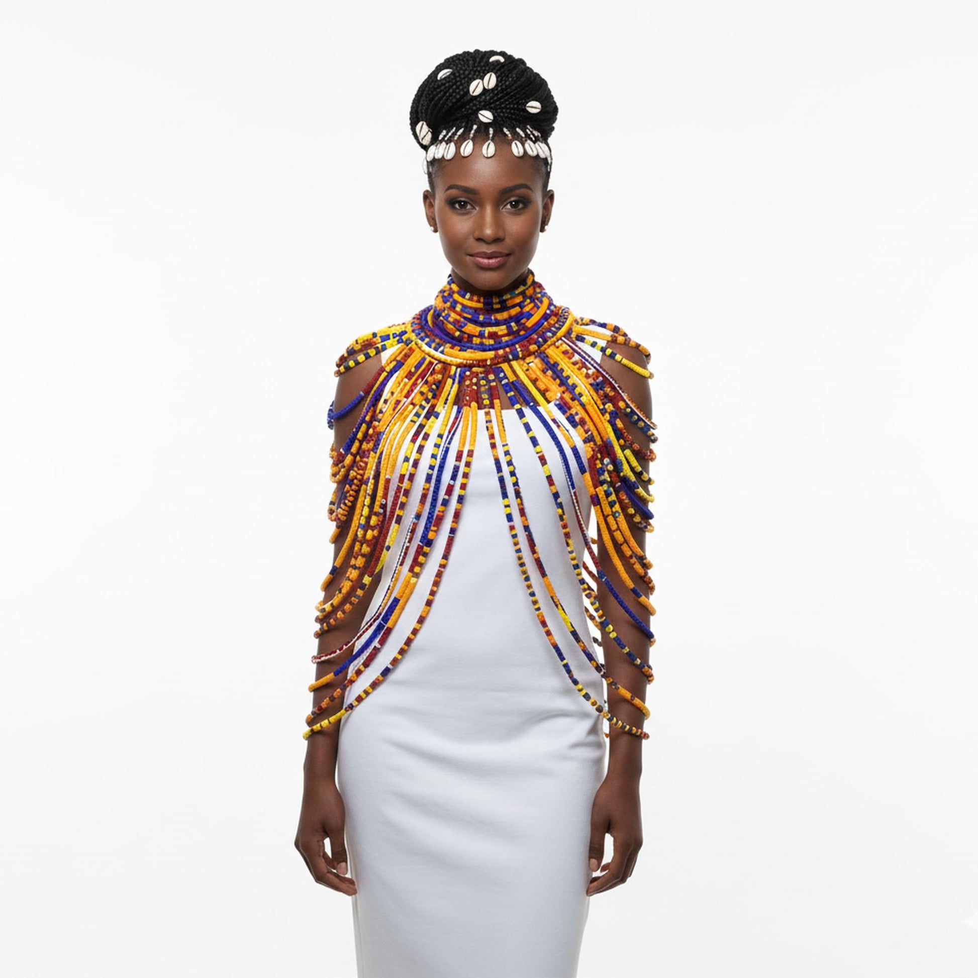 Woman wearing a colorful fabric necklace with a white background