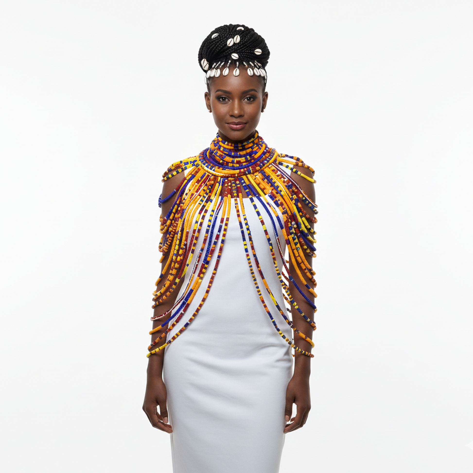 Woman wearing a colorful fabric necklace with a white background