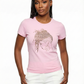 Woman in a pink fitted t-shirt with a dazzling rhinestone locs design.