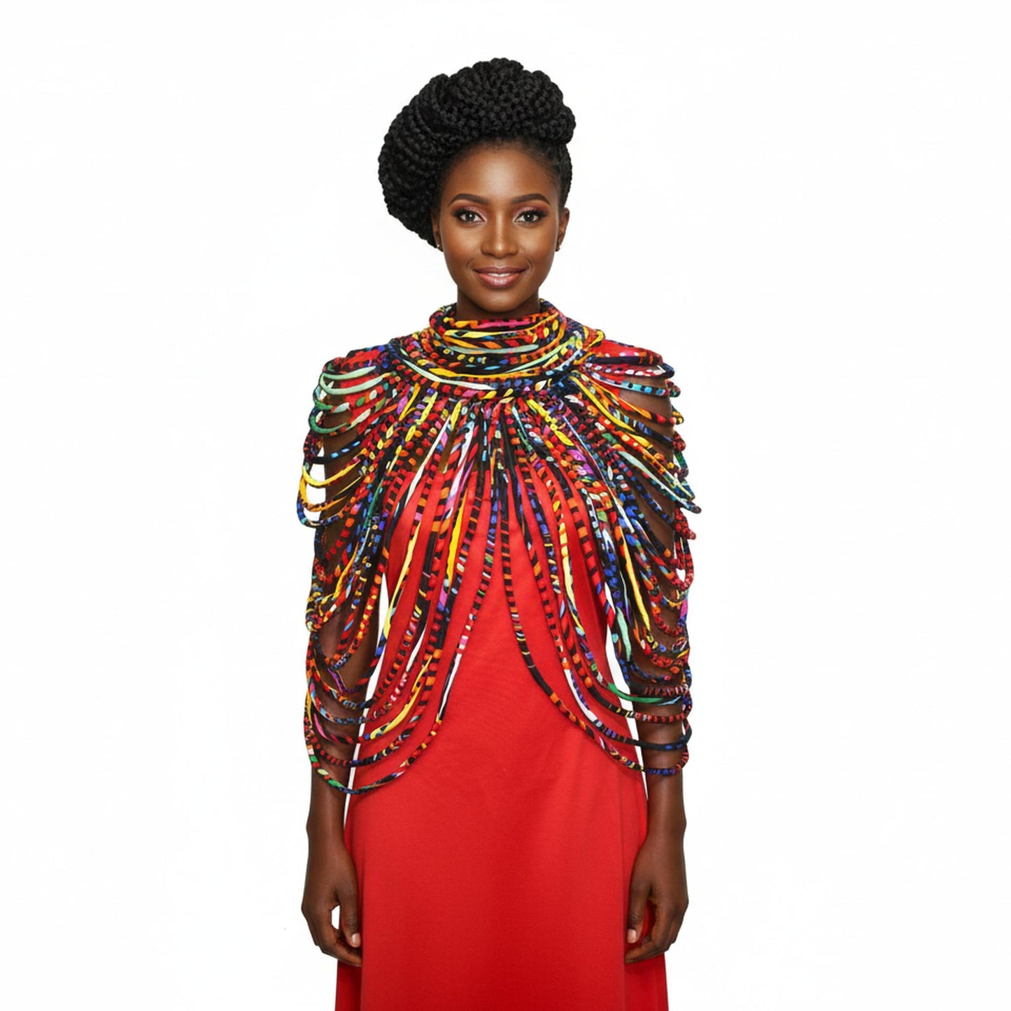 Woman wearing a colorful beaded top with a red dress on a white background