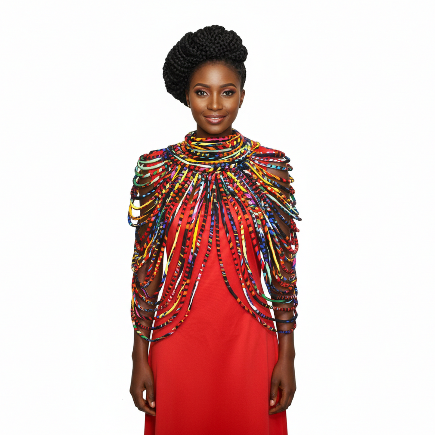 Woman wearing a colorful beaded top with a red dress on a white background
