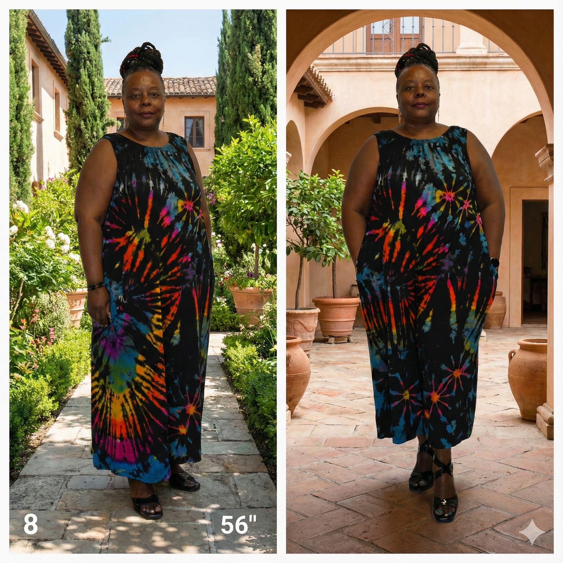 Woman wearing a colorful tie-dye dress in two different outdoor settings.
