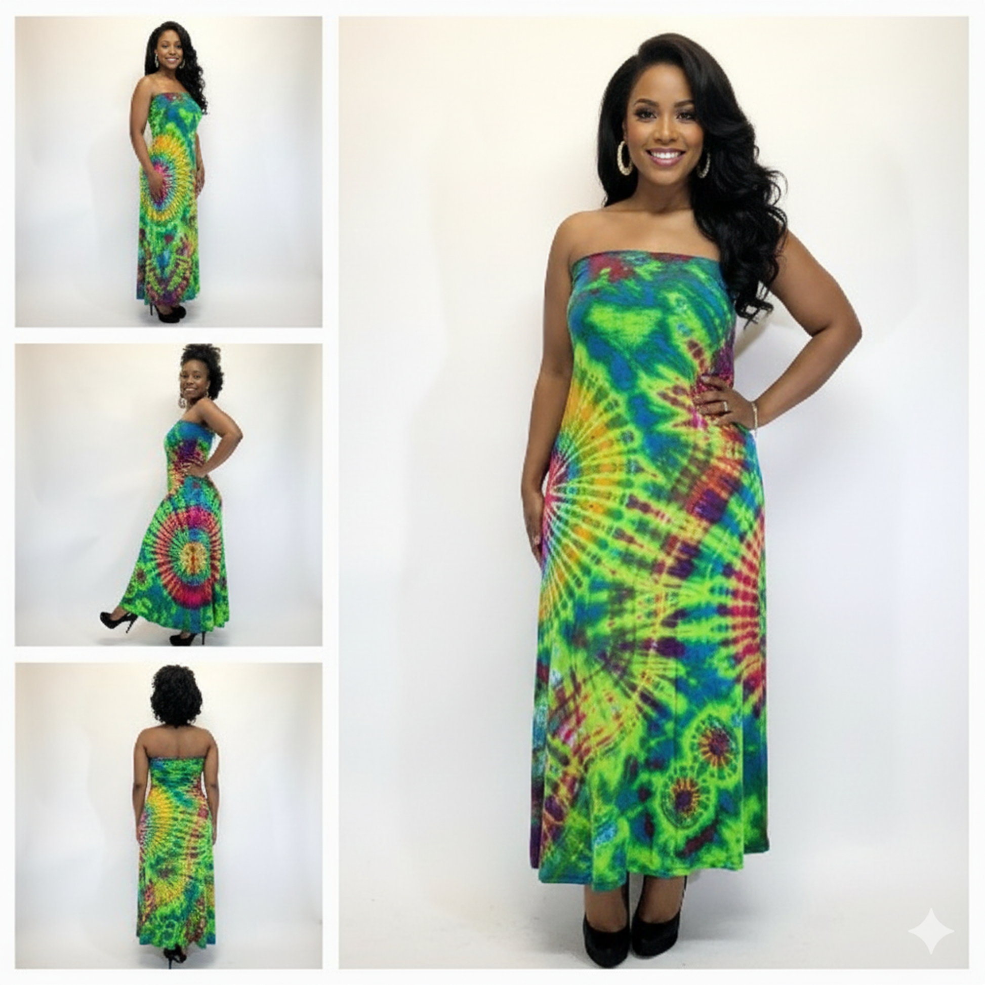 Woman wearing a colorful tie-dye strapless dress with multiple views on a white background