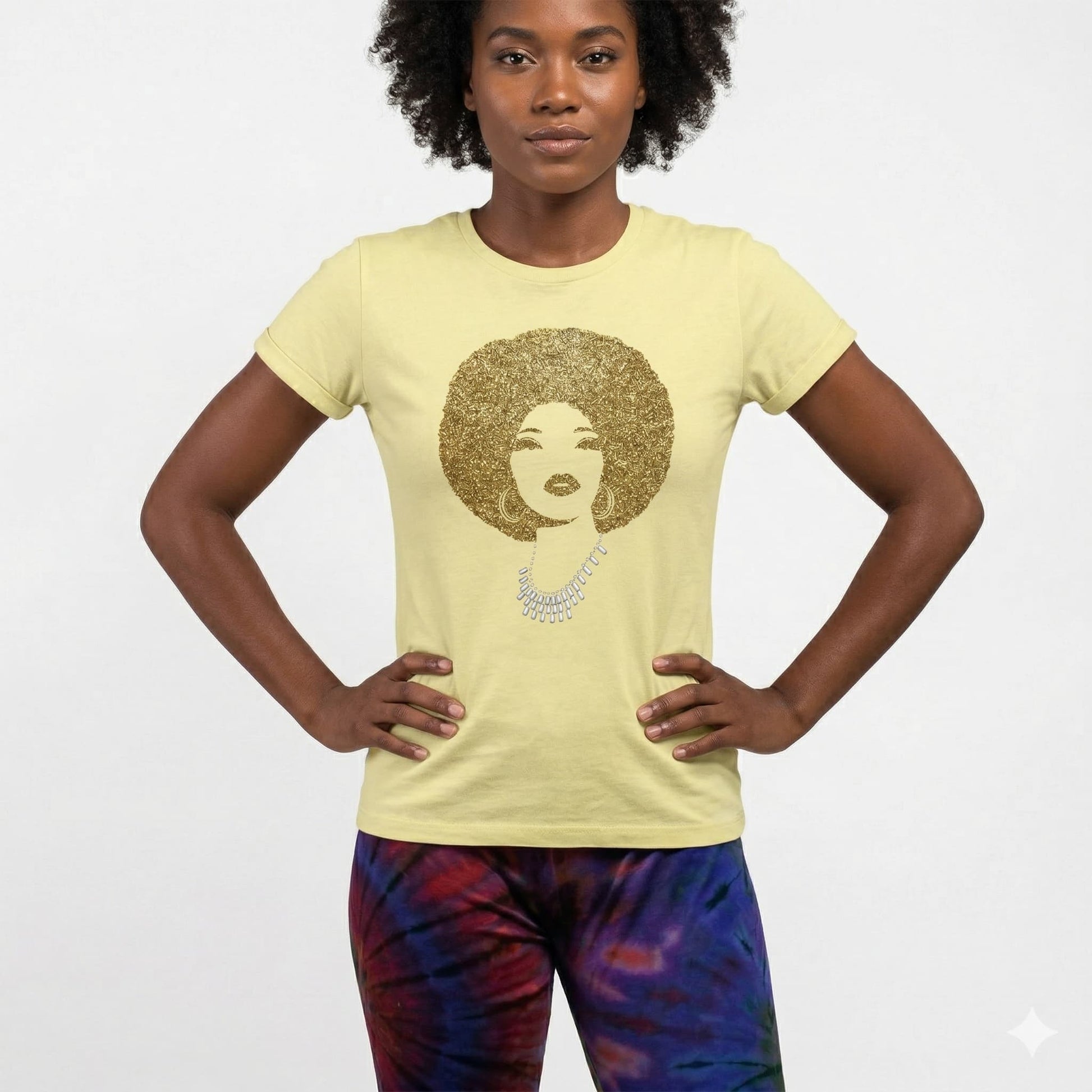 Foxy Gold Afro Women's T-Shirt with sparkling rhinestone disco diva design on soft combed cotton.