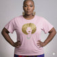 Pink combed cotton Foxy Gold Afro Women's T-Shirt with rhinestone and reflective film design.
