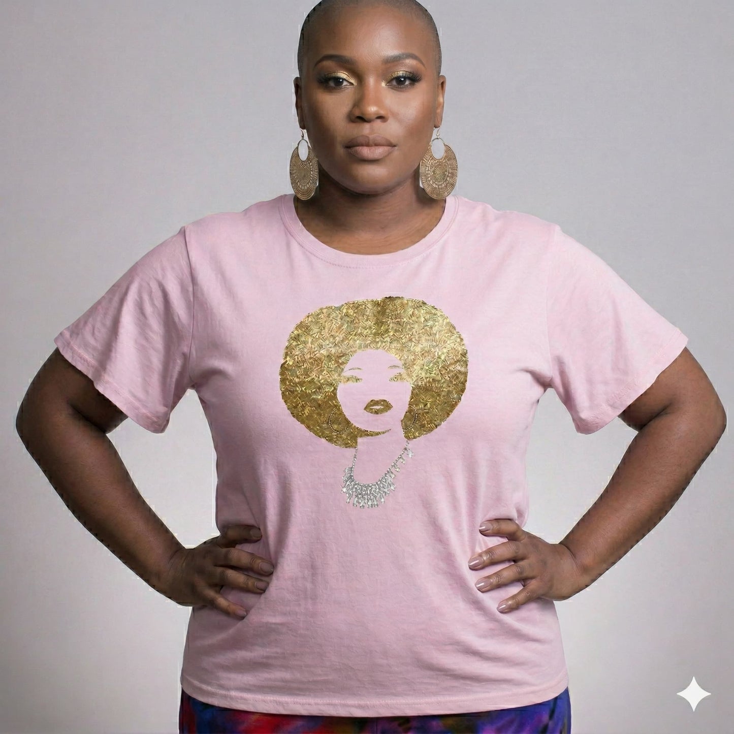 Pink combed cotton Foxy Gold Afro Women's T-Shirt with rhinestone and reflective film design.