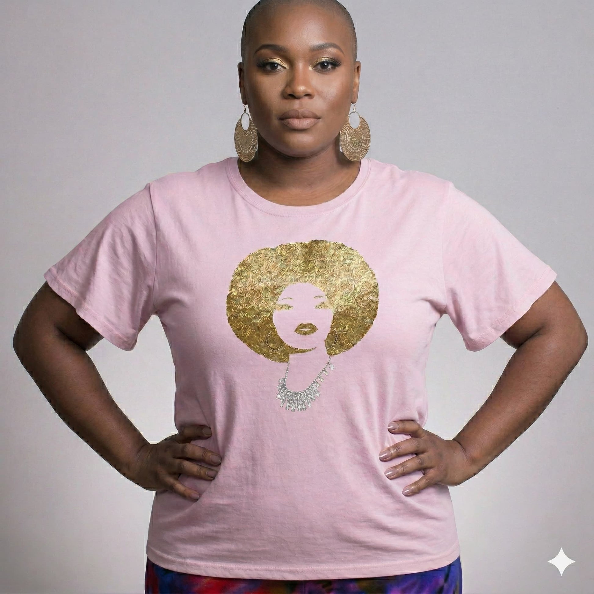 Pink combed cotton Foxy Gold Afro Women's T-Shirt with rhinestone and reflective film design.