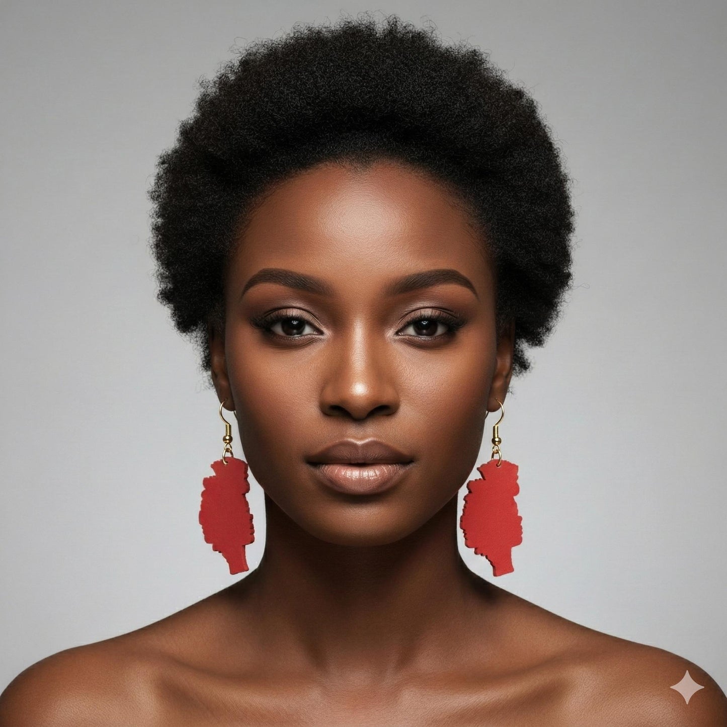 Woman wearing red wooden earrings against a gray background