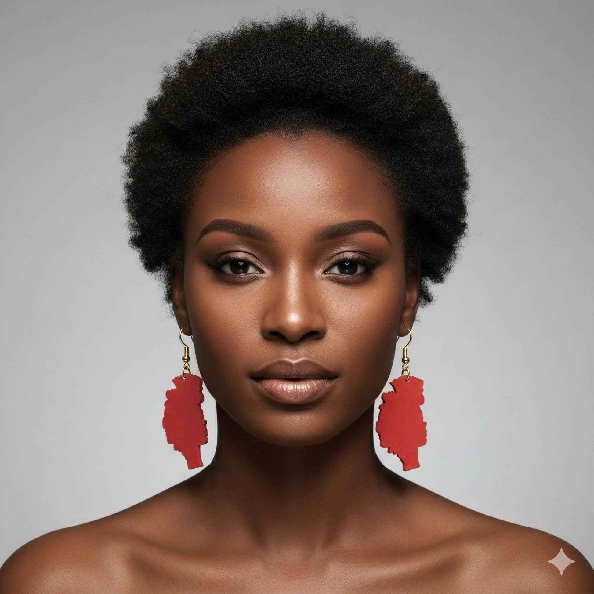 Woman wearing red wooden earrings against a gray background