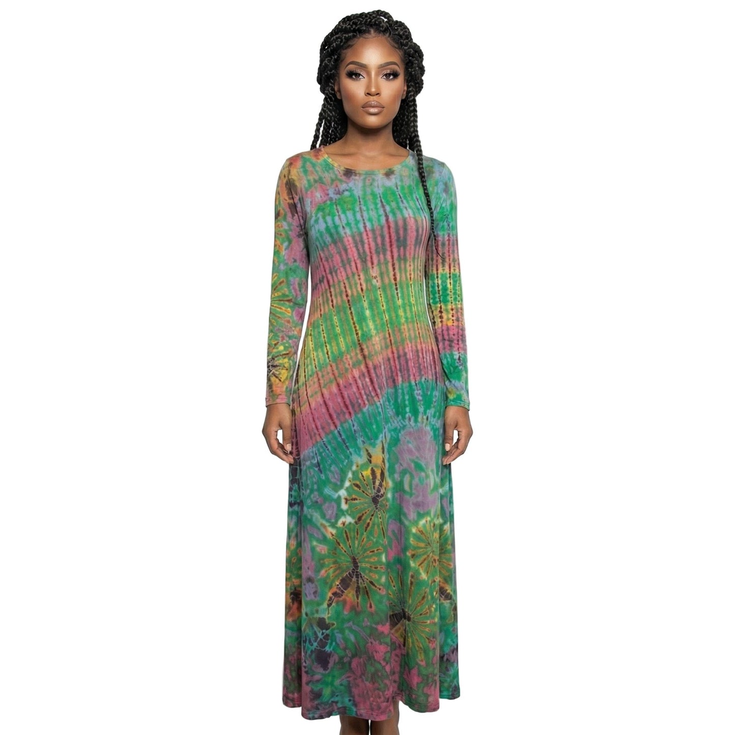 Woman wearing a tie-dye dress on a white background