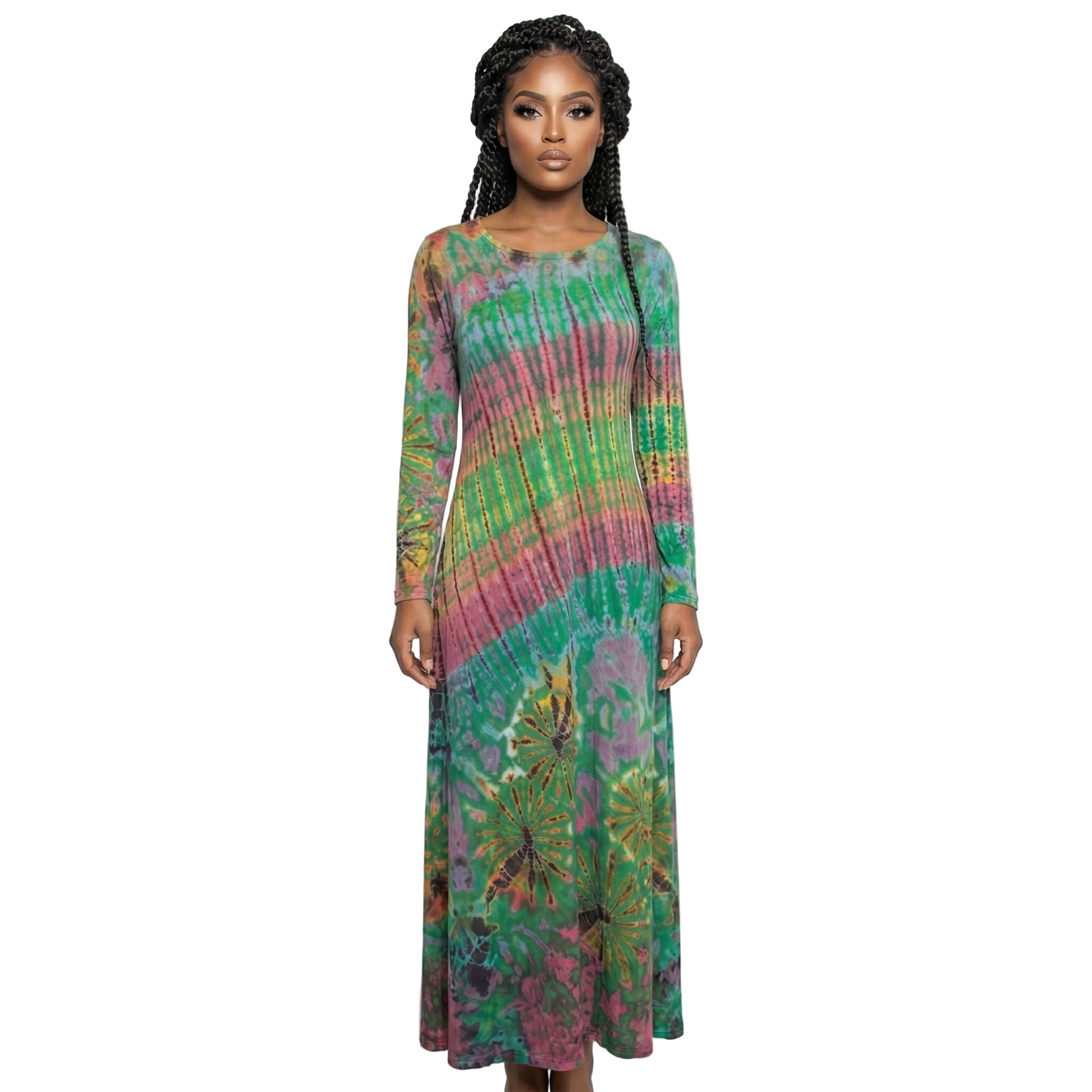 Woman wearing a tie-dye dress on a white background