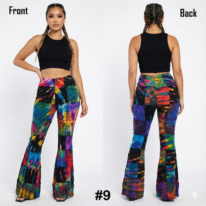 Model wearing colorful tie dye pants with front and back views on a white background.