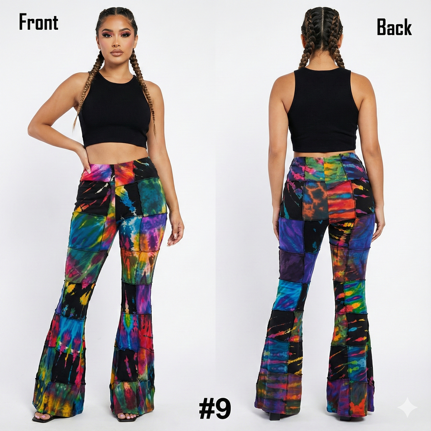 Model wearing colorful tie dye pants with front and back views on a white background.