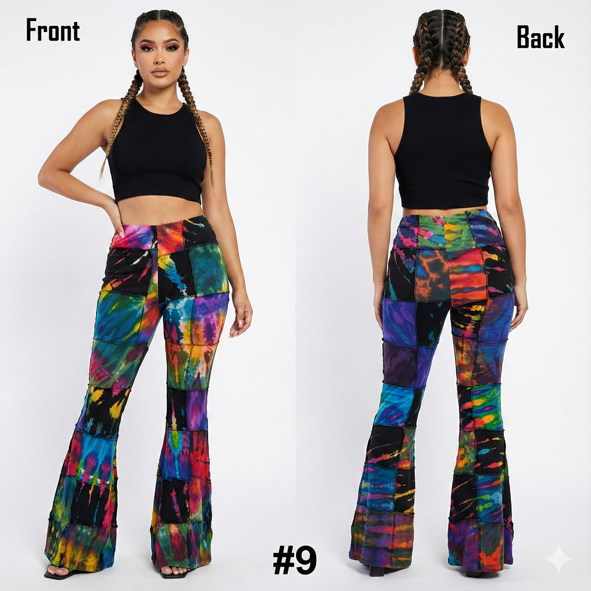 Model wearing colorful tie dye pants with front and back views on a white background.