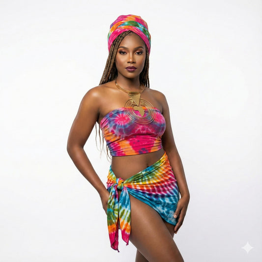 Woman wearing a colorful tie-dye outfit with head scarves on a white background