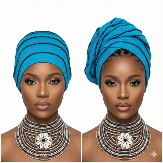 Two views of a woman wearing a blue hat and intricate necklace on a white background