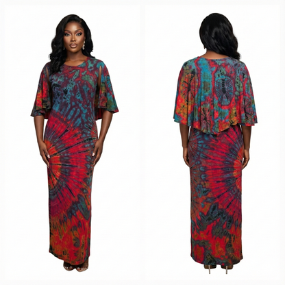 Woman wearing a colorful tie-dye outfit on a white background