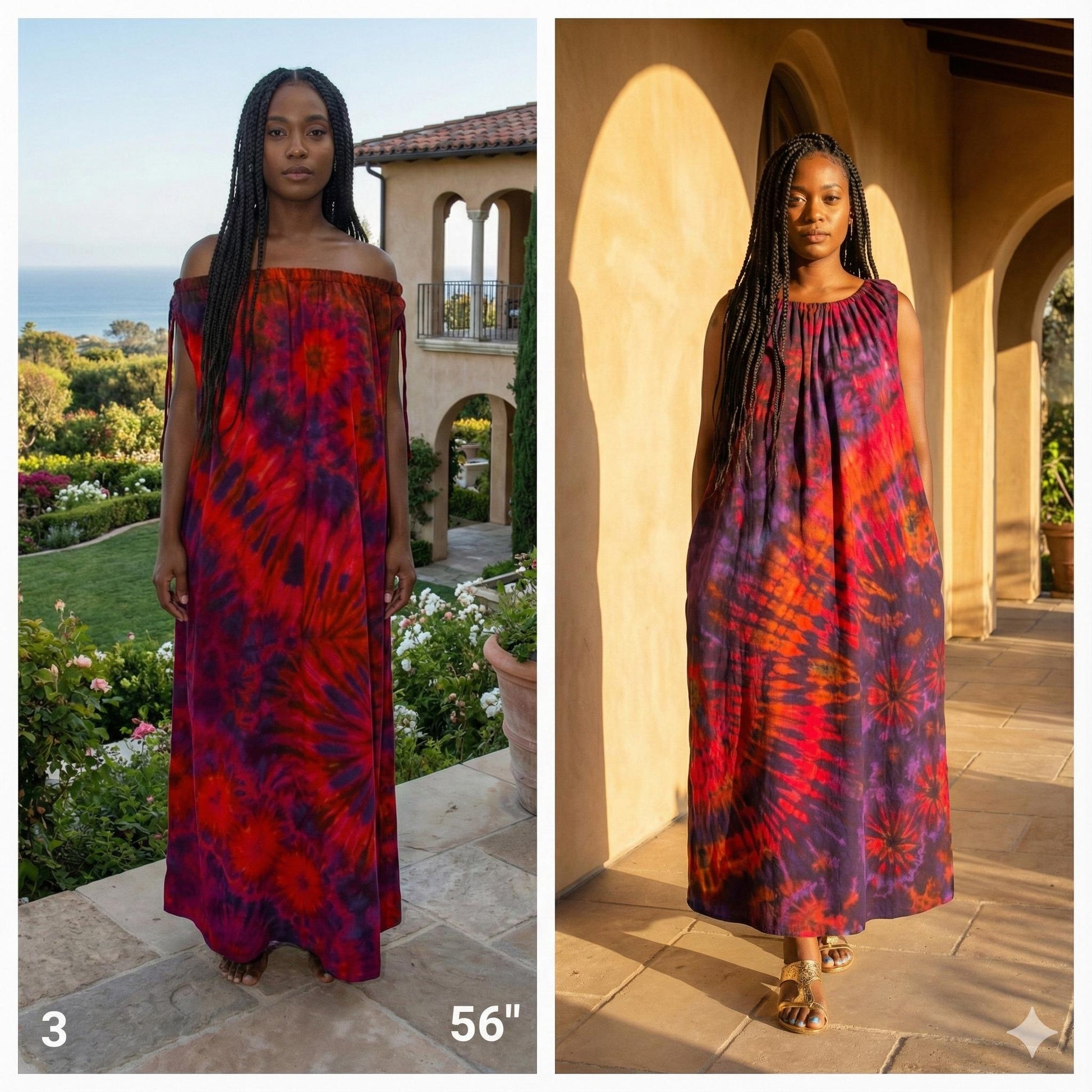 Woman wearing a red and purple tie-dye dress in two different outdoor settings.