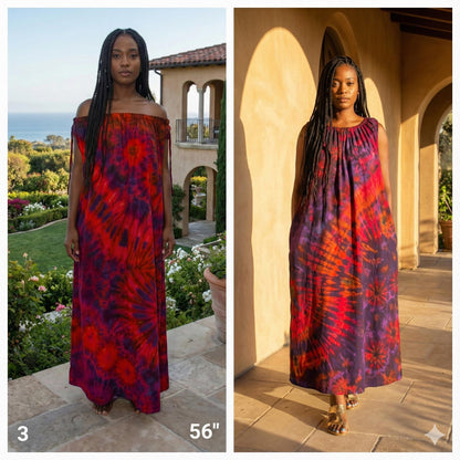 Woman wearing a red and purple tie-dye dress in two different outdoor settings.