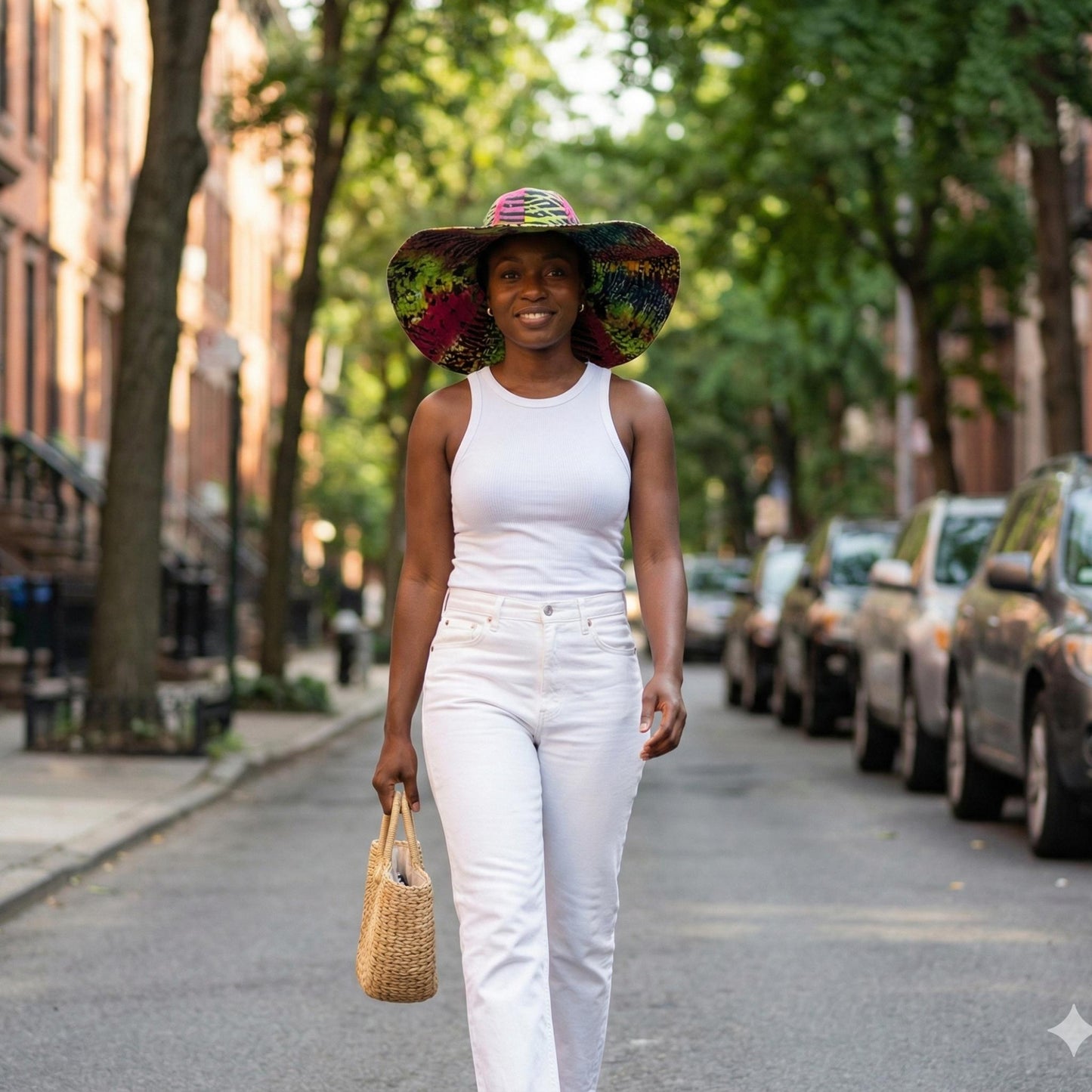 Woman walking down a street wearing a Batik colorful hat and white outfit