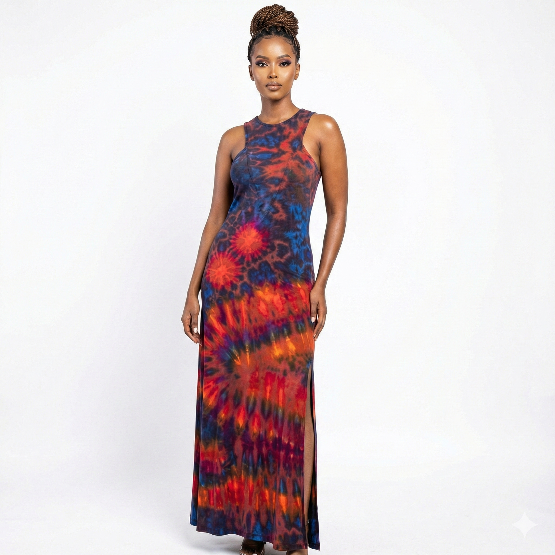 Woman wearing a tie-dye dress on a white background