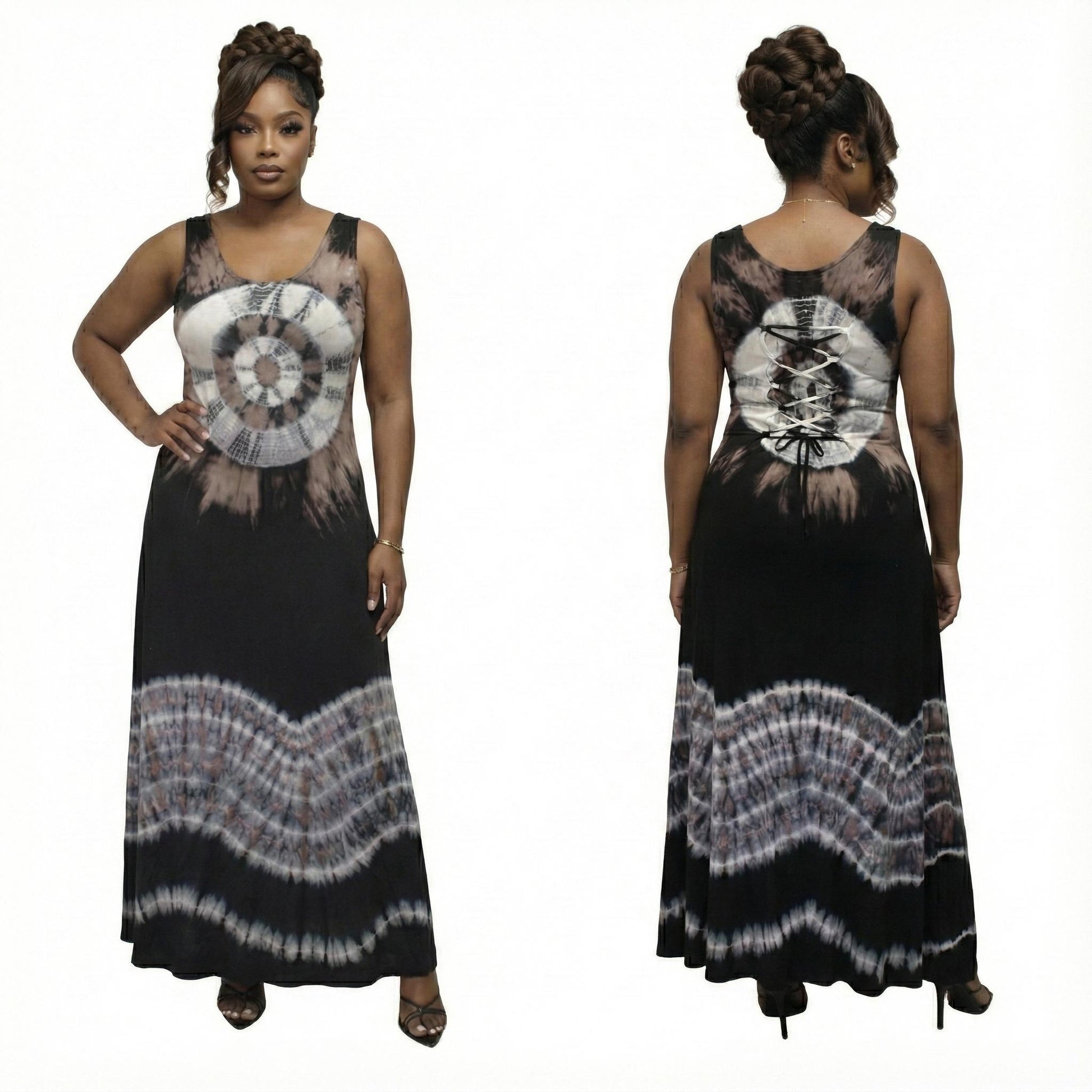 Woman wearing a sleeveless dress with tie-dye pattern from front and back views on a white backgrou