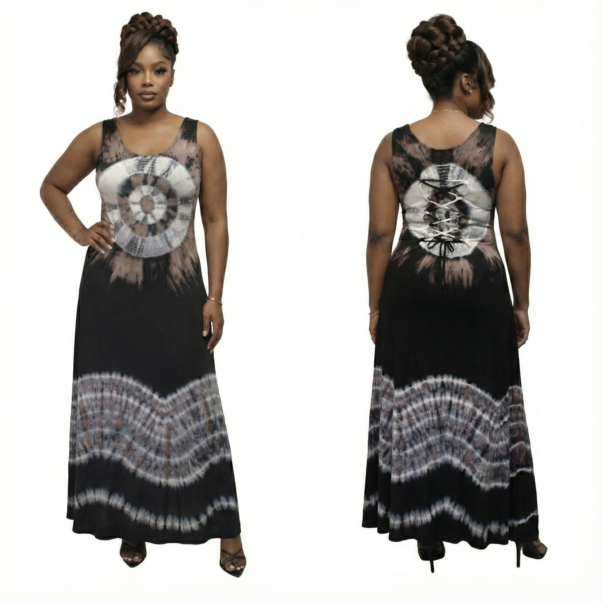 Woman wearing a sleeveless dress with tie-dye pattern from front and back views on a white backgrou
