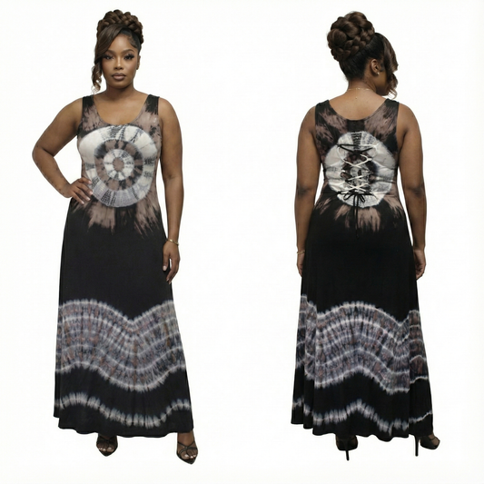 Woman wearing a sleeveless dress with tie-dye pattern from front and back views on a white backgrou