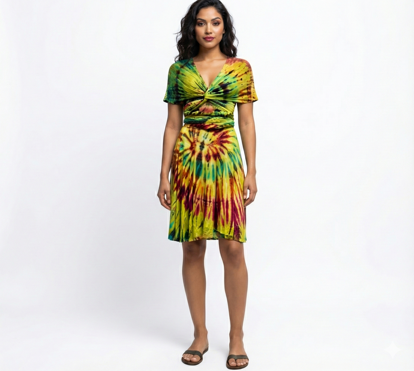 Woman wearing a tie-dye dress on a white background