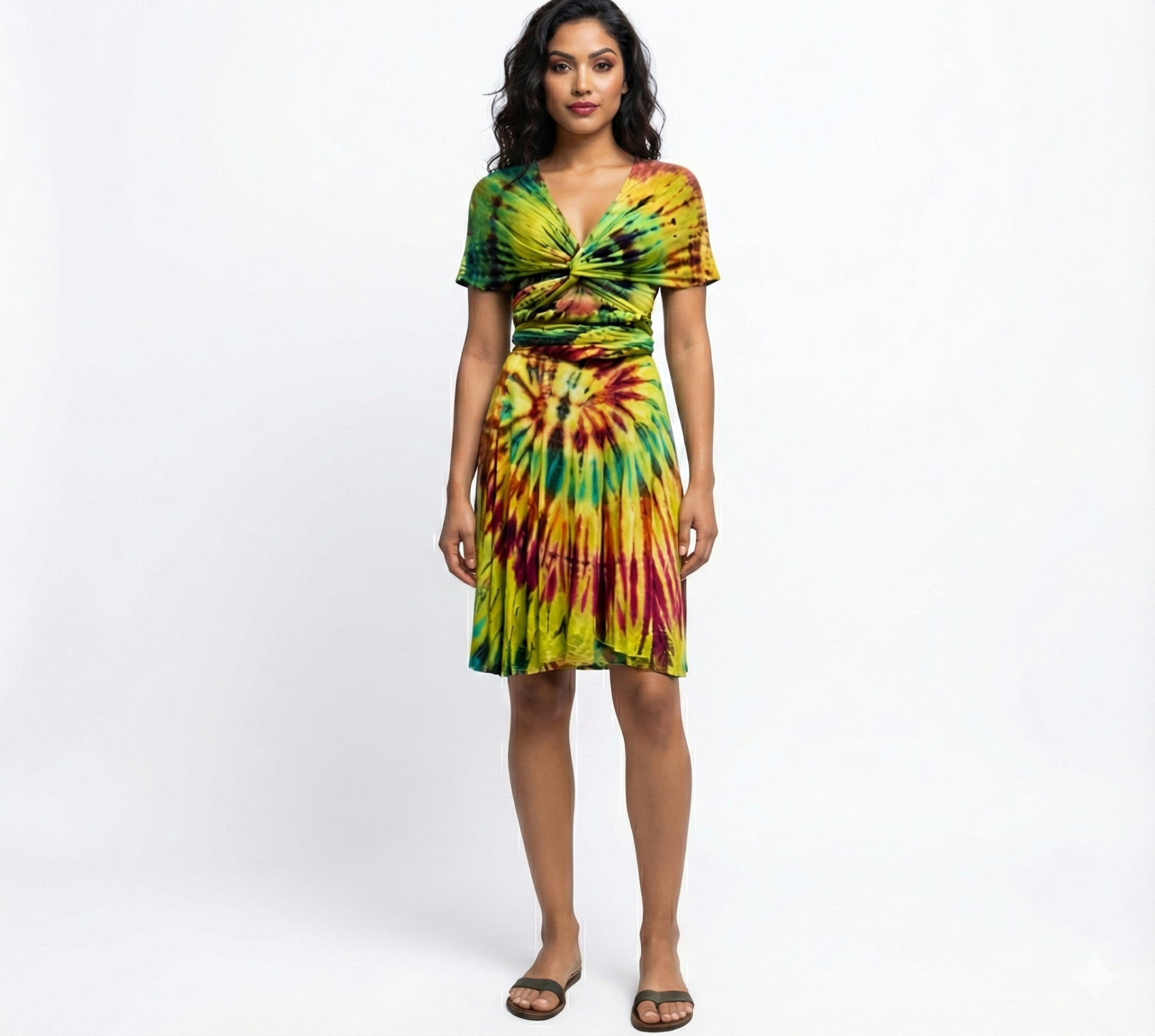 Woman wearing a tie-dye dress on a white background