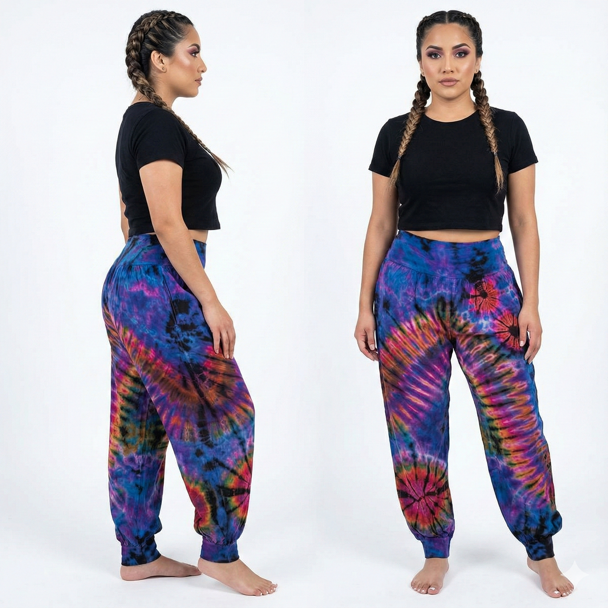 Woman wearing tie-dye pants and a black crop top on a white background