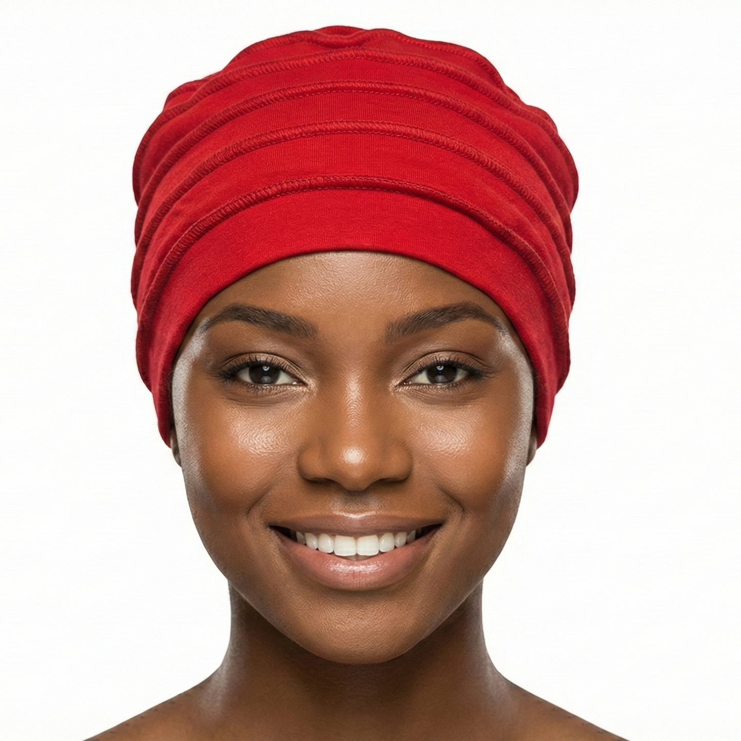 Woman wearing a red hat on a white background