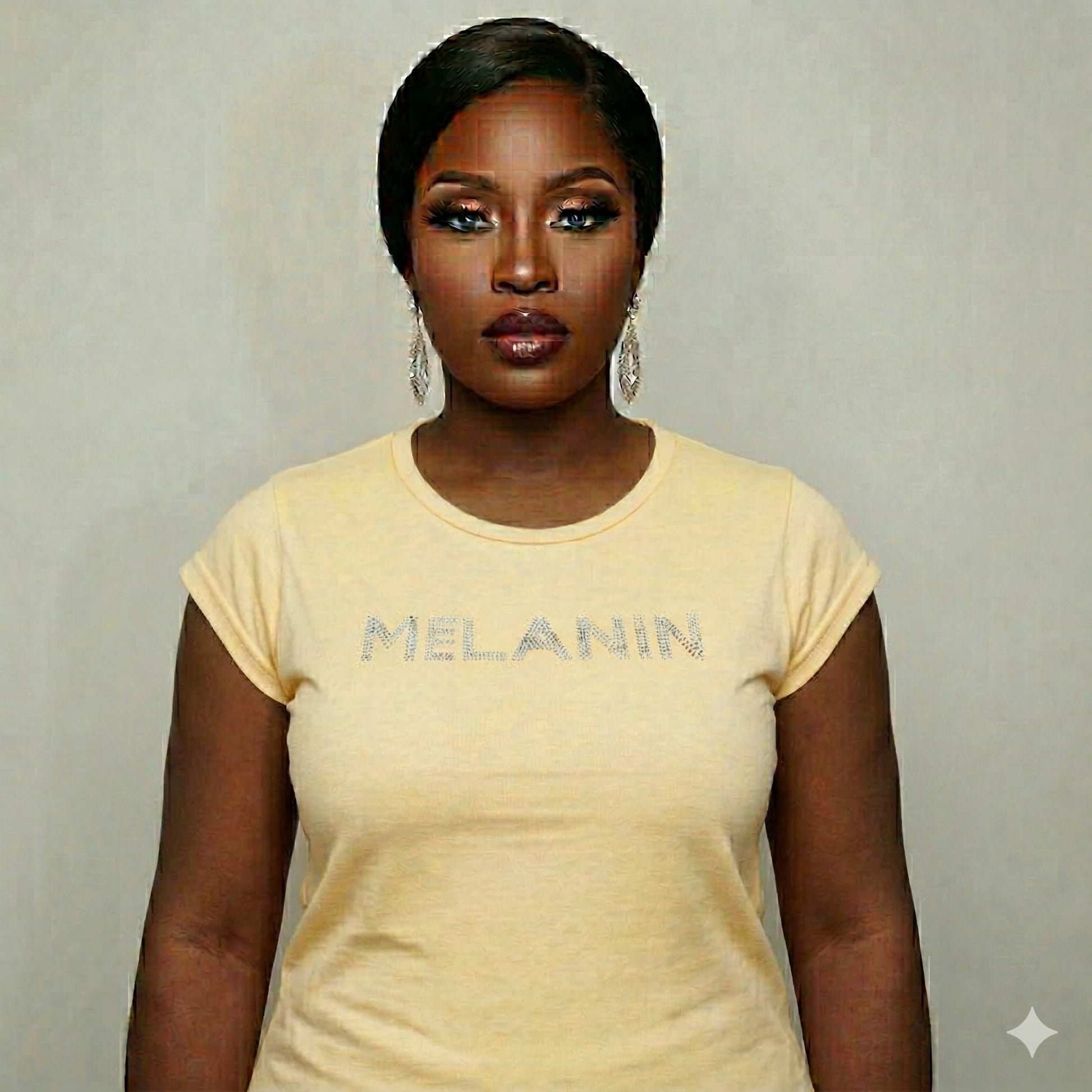 Woman wearing a yellow combed cotton "MELANIN" t-shirt with rhinestone lettering, celebrating Black pride.