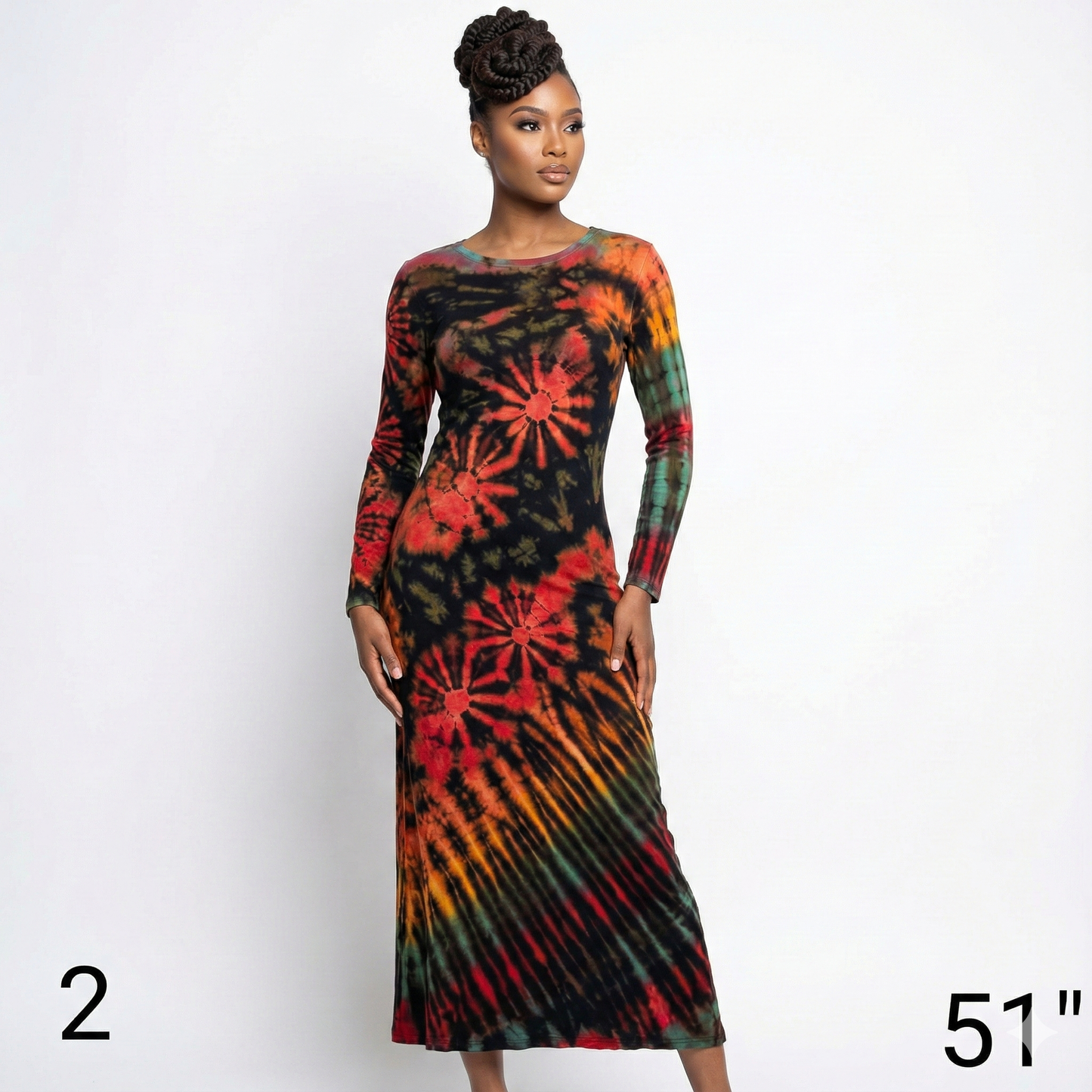 Model wearing a tie-dye dress with long sleeves on a white background