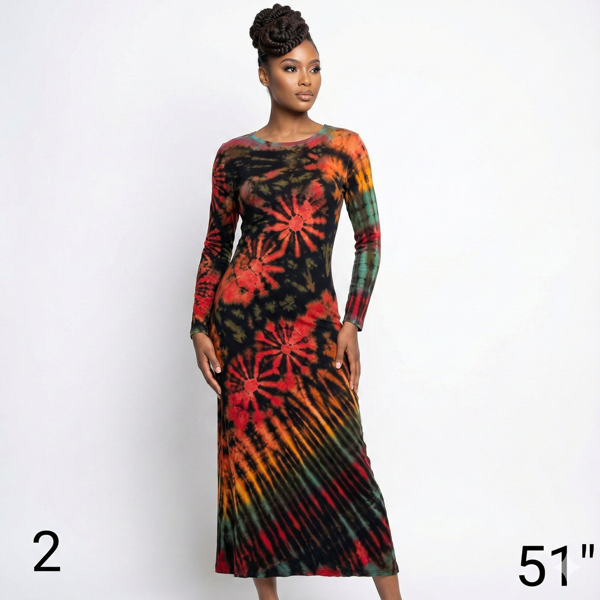 Model wearing a tie-dye dress with long sleeves on a white background
