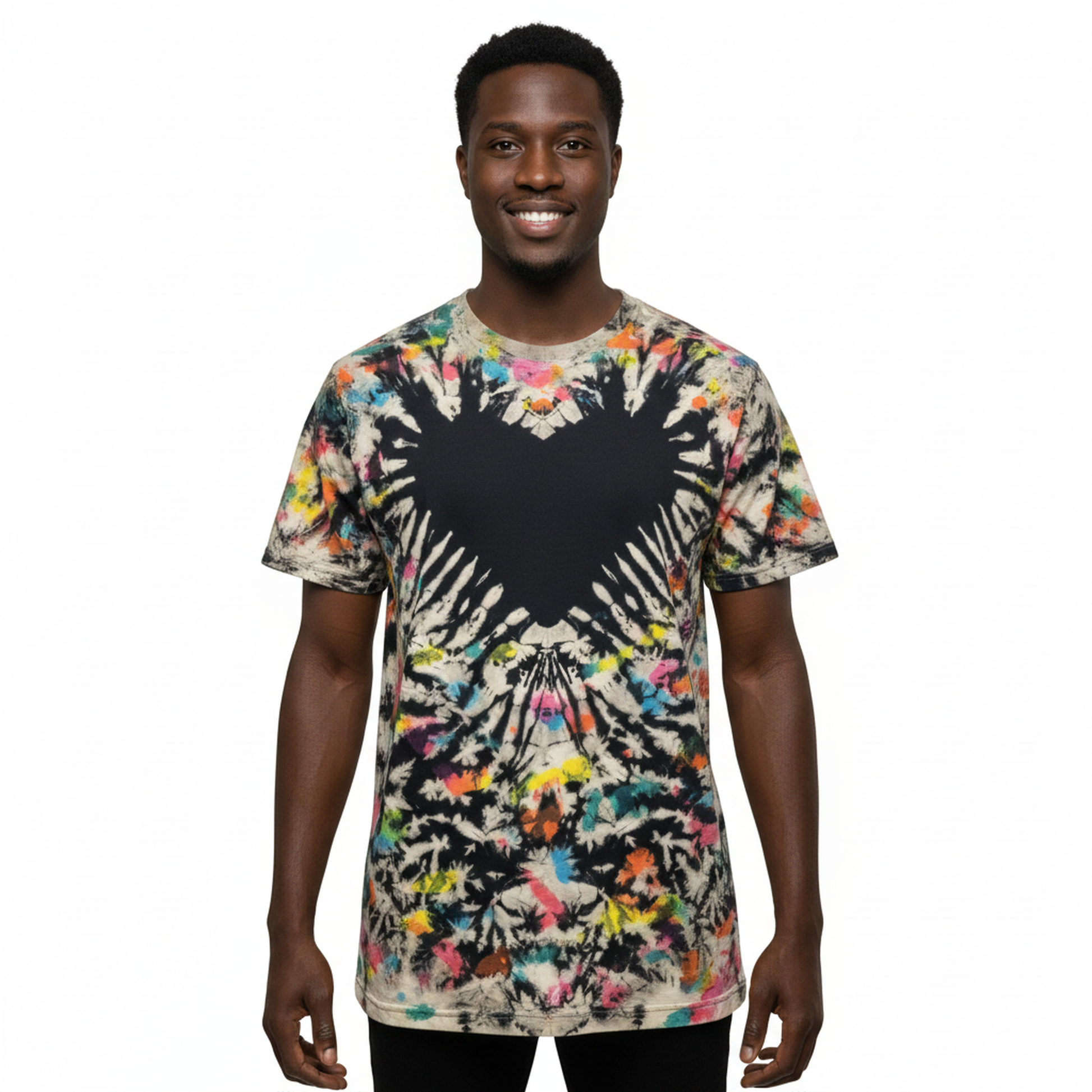 Person wearing a  tie-dye t-shirt on a white background