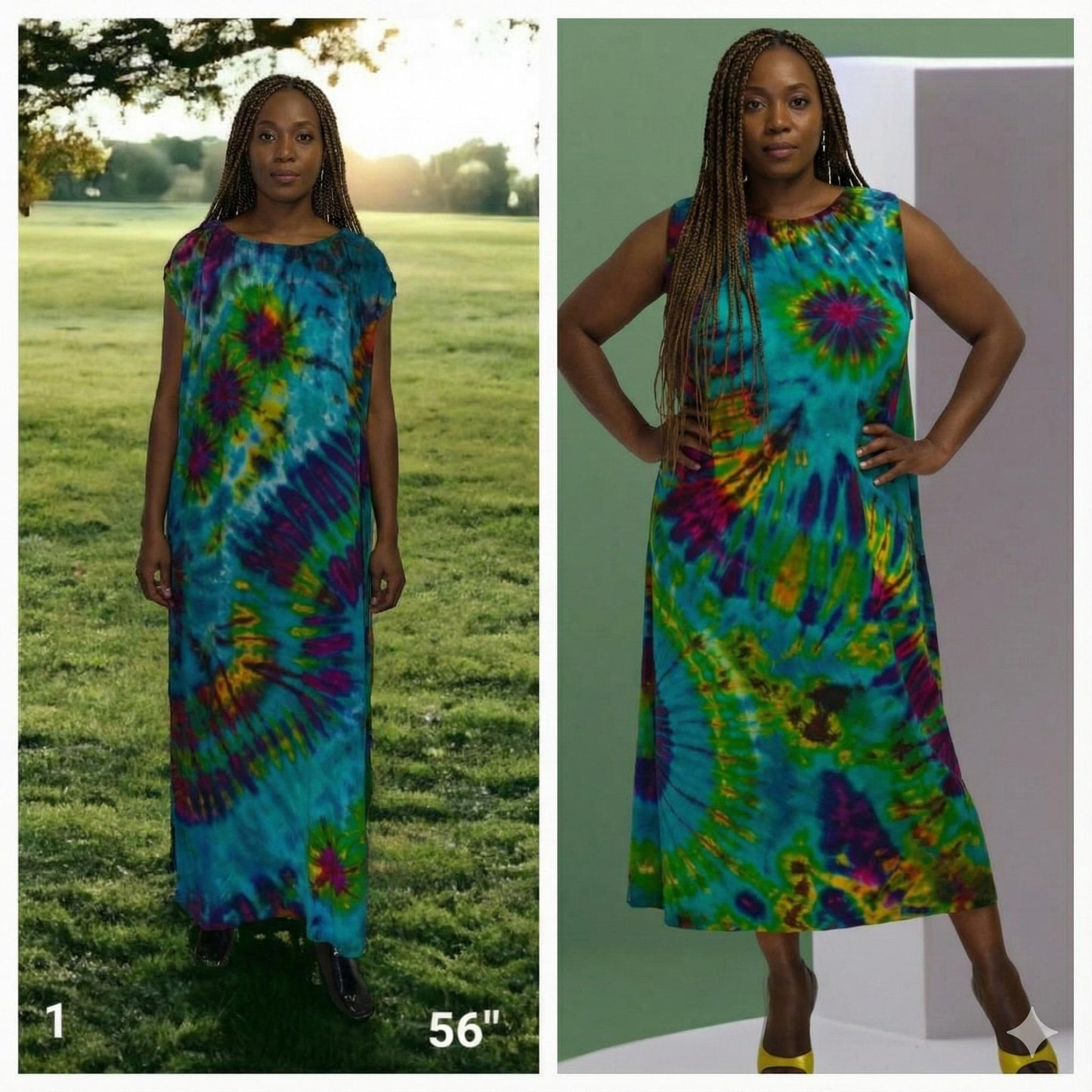 Tie-dye dress shown on a person outdoors and indoors.