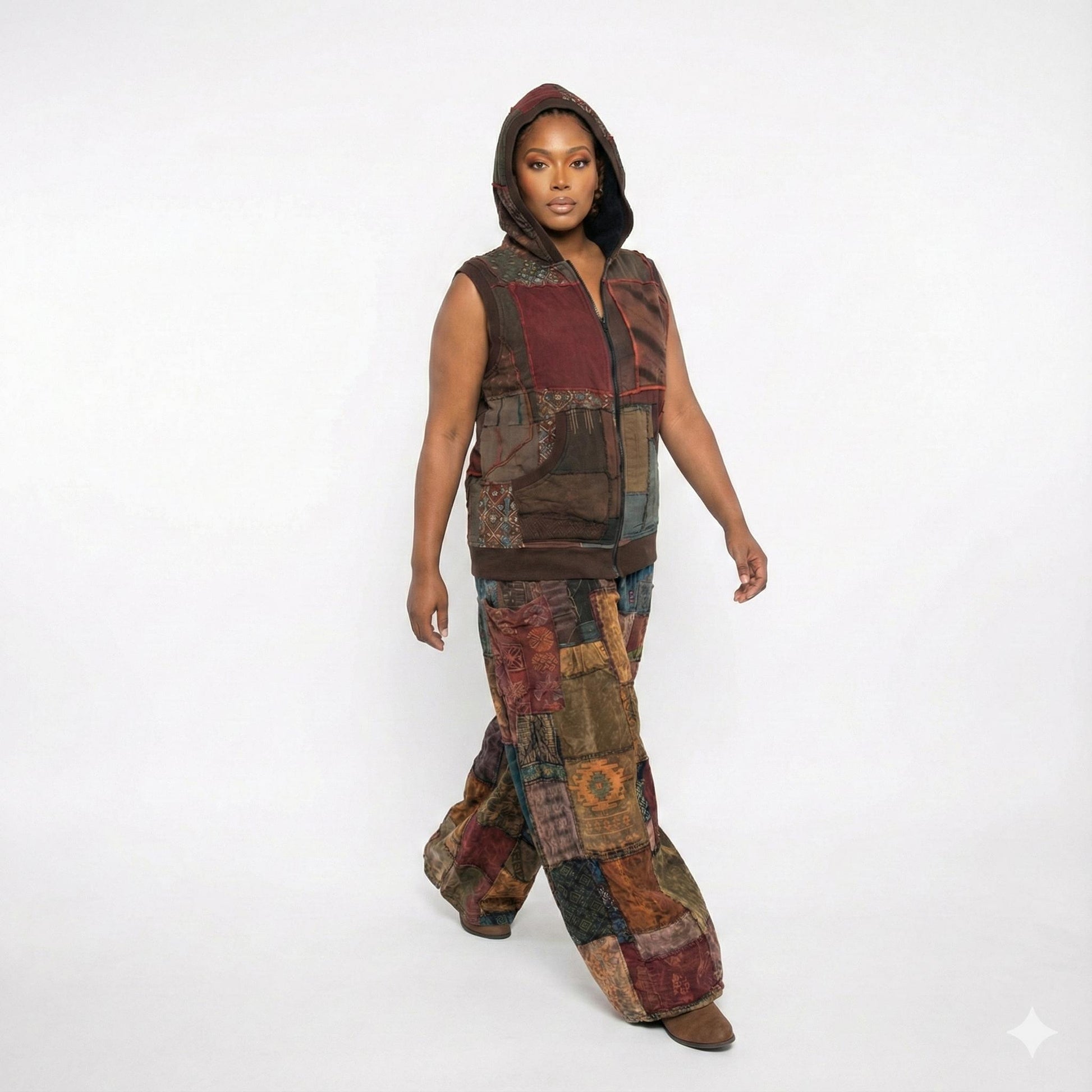 Person wearing a patchwork outfit with a vest and wide-leg pants on a white background