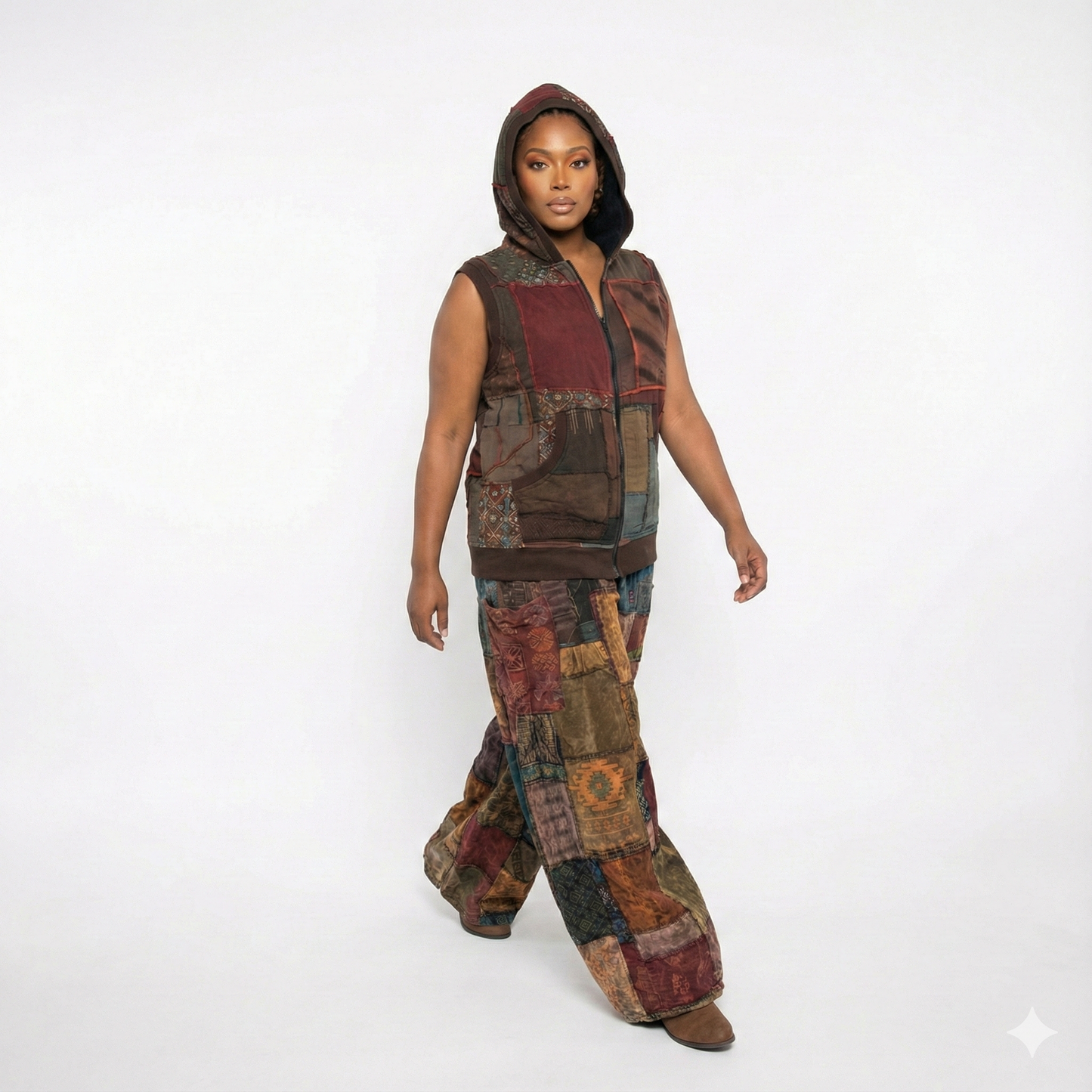Person wearing a patchwork outfit with a vest and wide-leg pants on a white background